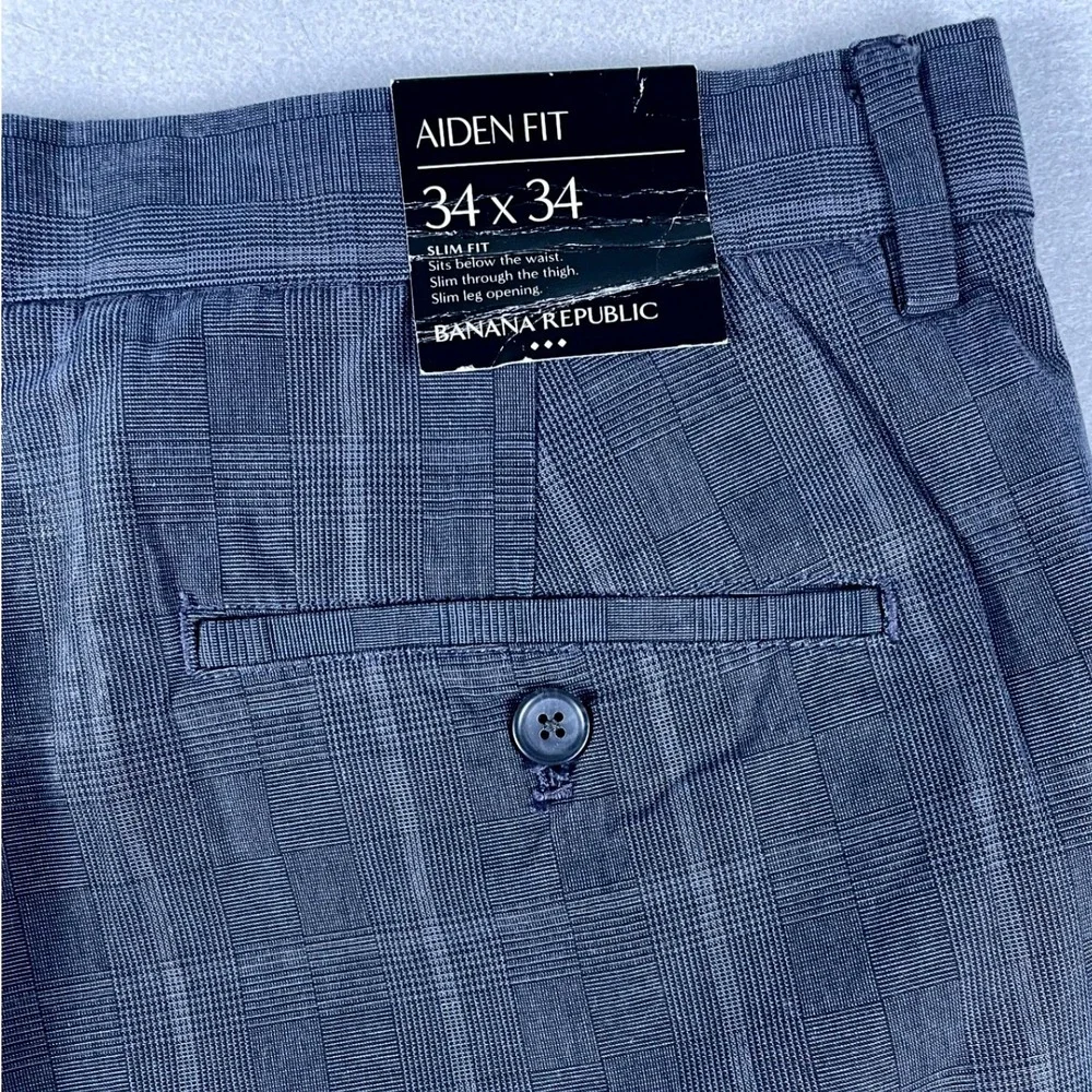 Banana Republic Aiden Fit Pants Mens 34x34 Slim Fit Blue Plaid Chinos Classic